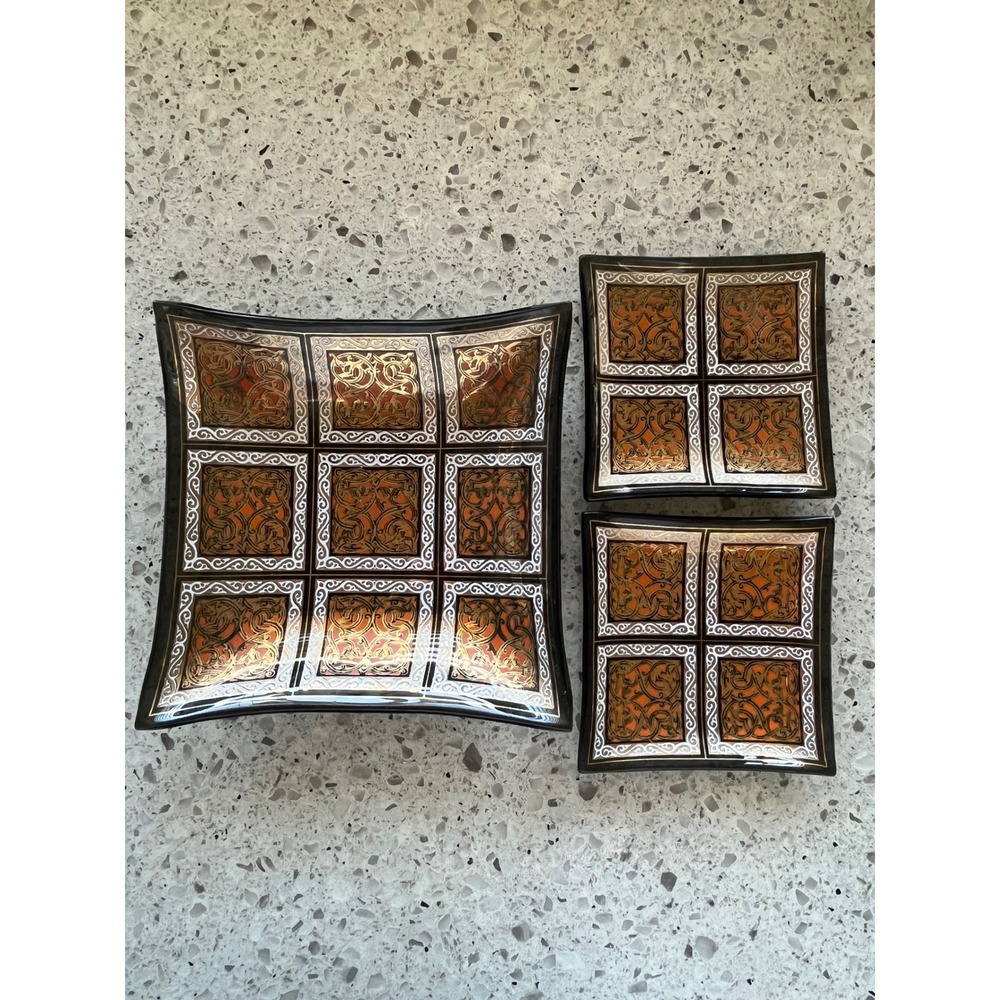 3pc Ornate Glass Serving Tray Set Black Amber Gold Scrollwork Filigree Square
